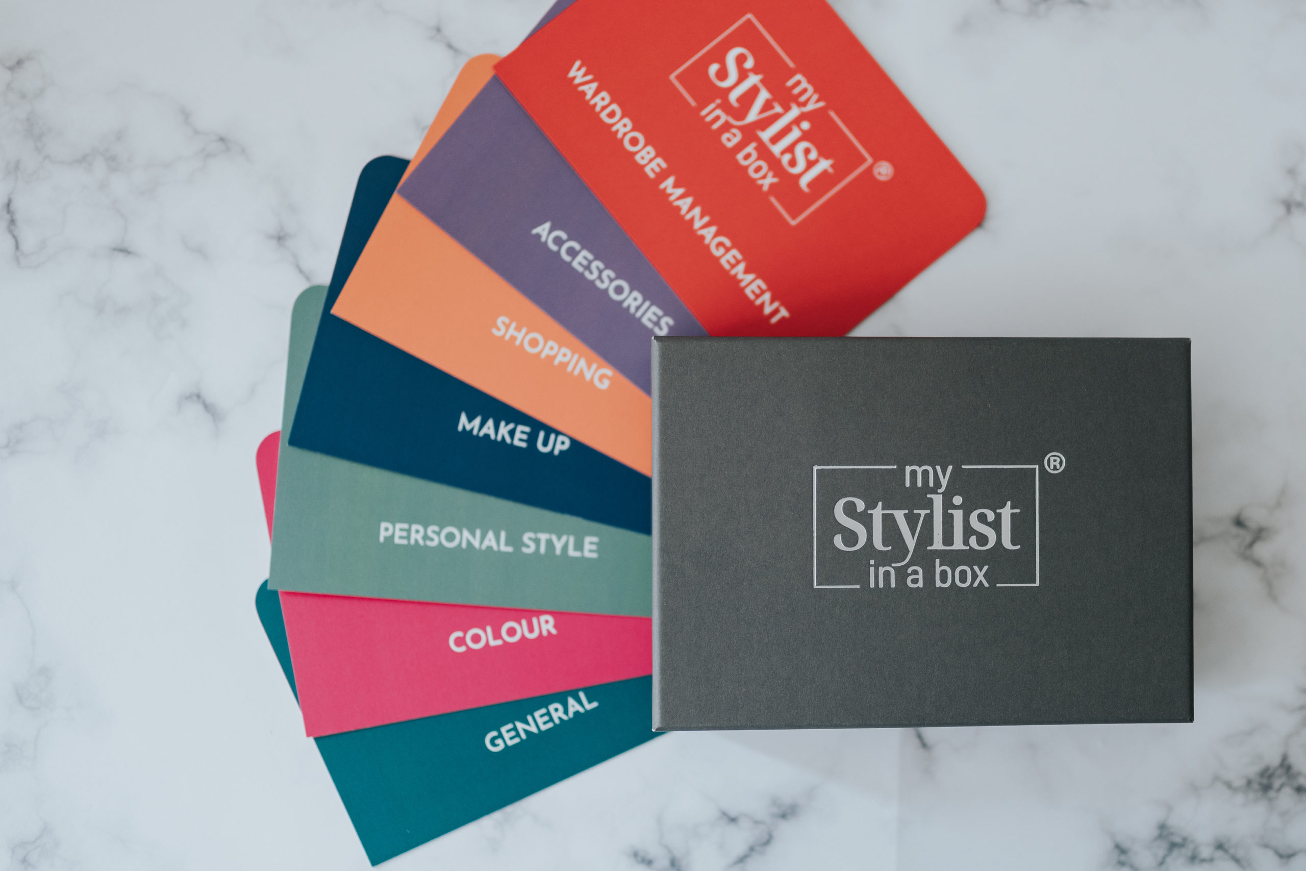 7 section cards for the My Stylist in a Box product: Wardrobe, Colour, Personal Style, Shopping, Accessories, Makeup, General